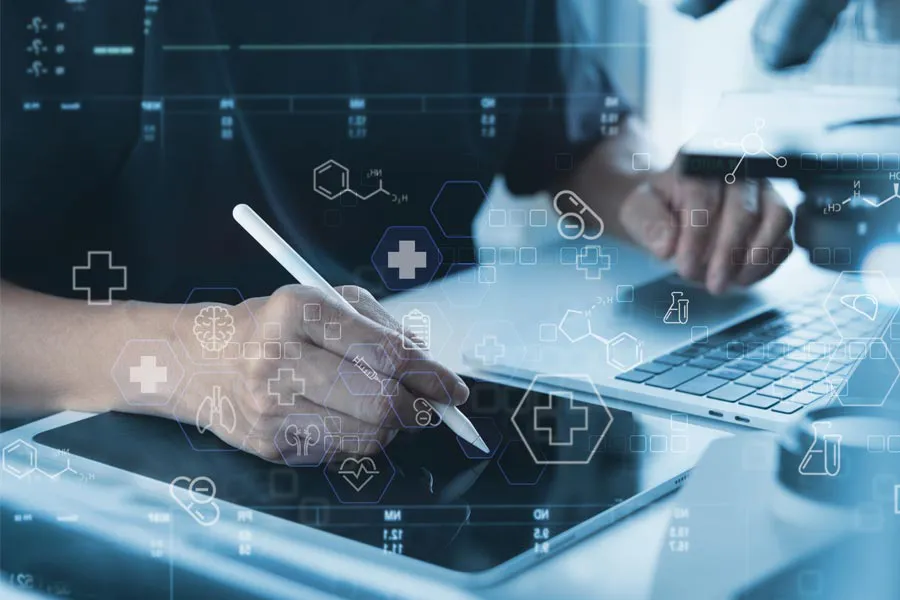 Close-up of a medical professional using a laptop and tablet, with illustrated medical symbols overlayed on the image, symbolizing health conditions treated by Shelley Cole, M.D. of Healthy Success in Temple, Texas.