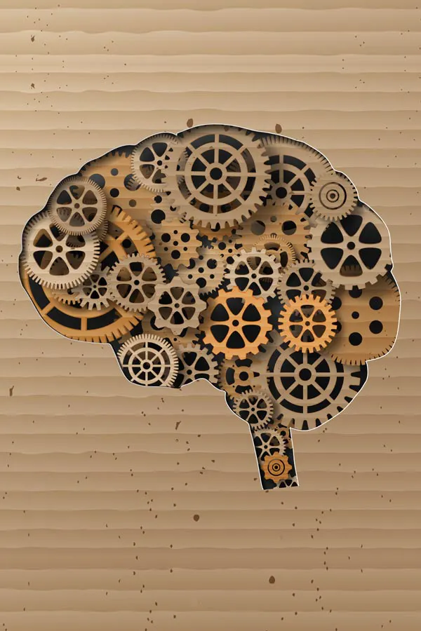 An illustration of a brain cut out of cardboard, with wooden cogs inside, representing neurodegenerative diseases treated by Shelley Cole, M.D. of Healthy Success in Temple, Texas.