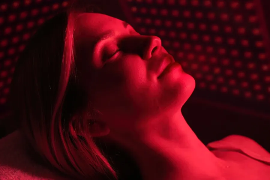 A woman lies in a red light therapy device. Get red light therapy from Shelley Cole, M.D. of Healthy Success in Temple, Texas.